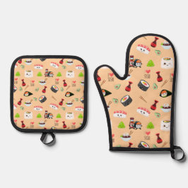 Soja in Liebe niedlich-gelb Kawaii Sushi Ofenhandschuh & Topflappen-Set