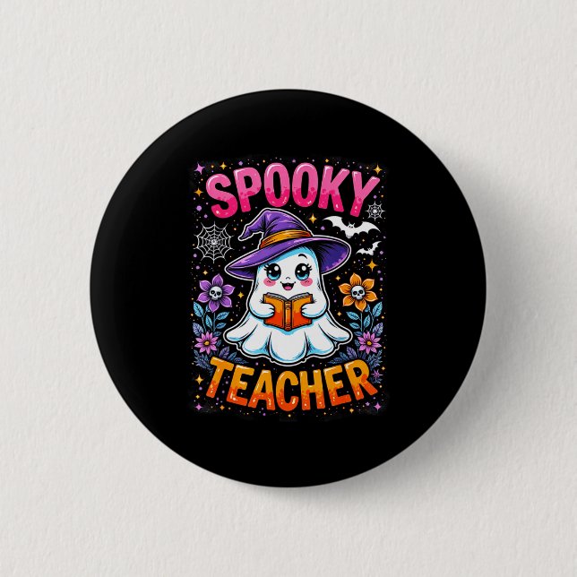 Soky Teacher Cute Ghost Reading Book Funny Hallo  Button (Vorderseite)
