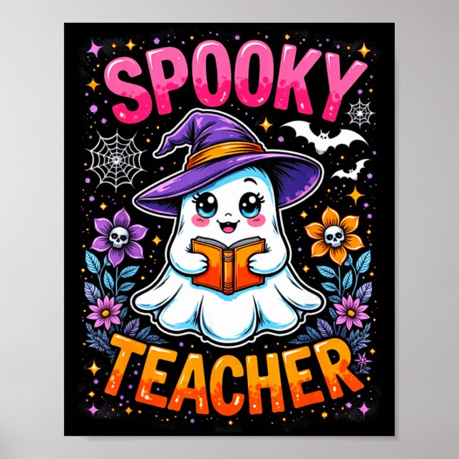 Soky Teacher Cute Ghost Reading Book Funny Hallo  Poster (Vorne)