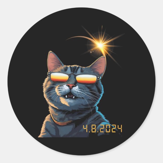 Solar 2024 Eclipse Cat Wearing Eclipse Brillen Runder Aufkleber (Vorderseite)