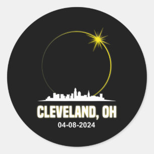 Solar Eclipse 2024 Cleveland Skyline Ohio Solar EC Runder Aufkleber