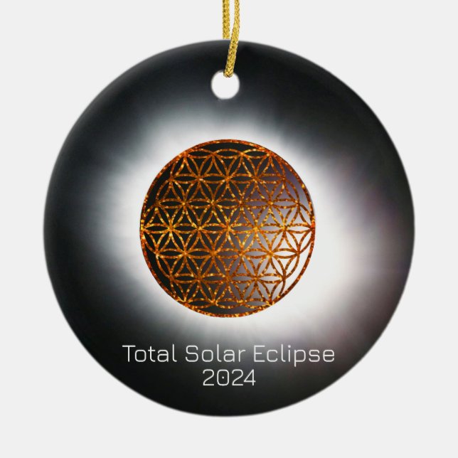 Solar Eclipse 2024 Gold Sparkling Blume of Life Keramik Ornament (Vorne)