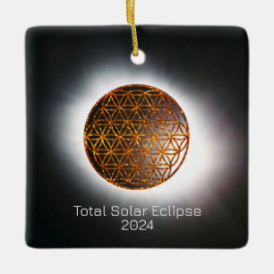 Solar Eclipse 2024 Gold Sparkling Blume of Life Keramikornament