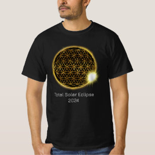 Solar Eclipse 2024 Gold Sparkling Blume of Life T-Shirt