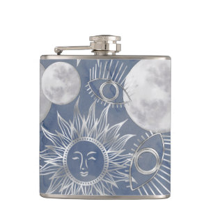 Solar Mystique Dusty Blue Silver Moon Stars Sun Flachmann