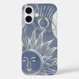 Solar Mystique Dusty Blue Silver Moon Stars Sun iPhone 16 Hülle