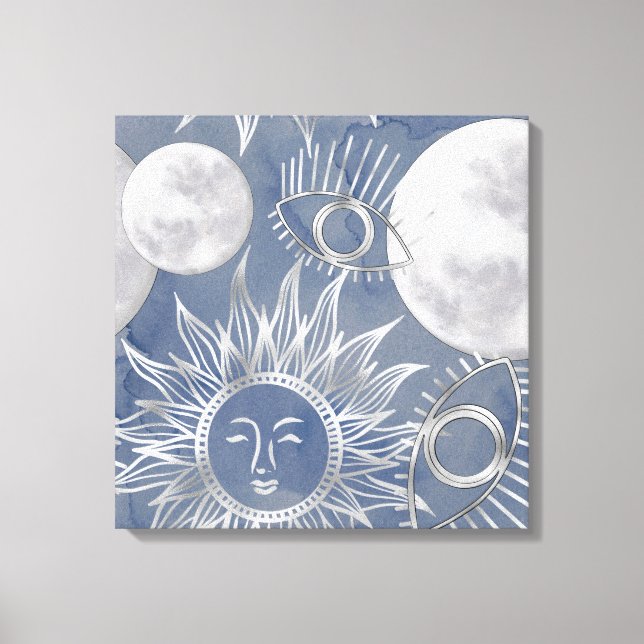 Solar Mystique | Dusty Blue Silver Moon Stars Sun Leinwanddruck (Vorderseite)