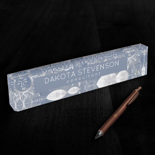 Solar Mystique   Dusty Blue Silver Moon Stars Sun Namensplakette