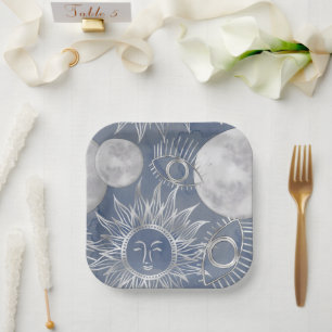 Solar Mystique Dusty Blue Silver Moon Stars Sun Pappteller