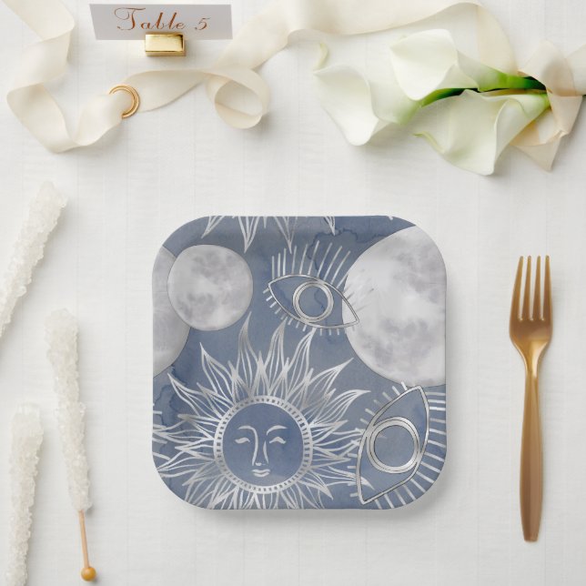 Solar Mystique | Dusty Blue Silver Moon Stars Sun Pappteller (Hochzeit)