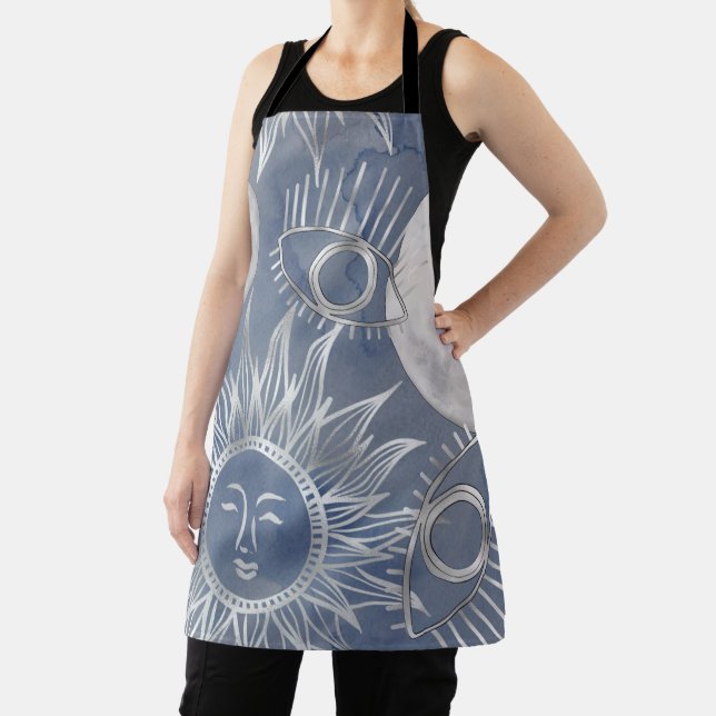 Solar Mystique | Dusty Blue Silver Moon Stars Sun Schürze (InSitu)