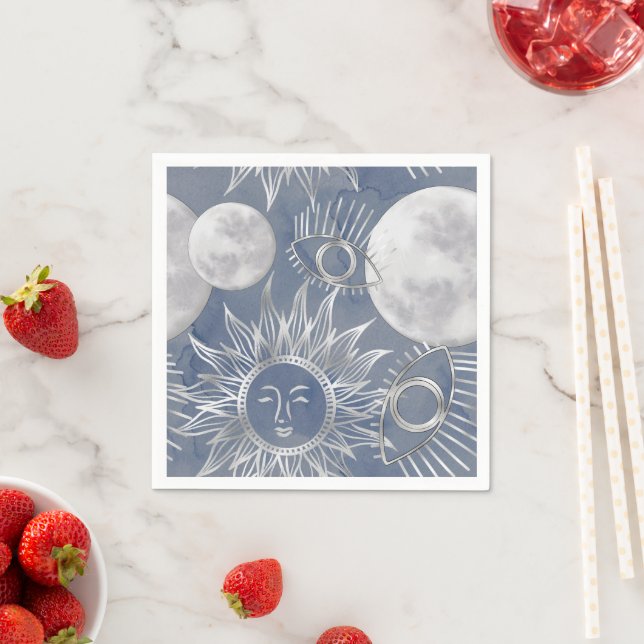 Solar Mystique | Dusty Blue Silver Moon Stars Sun Serviette (Beispiel)
