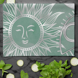 Solar Mystique Dusty Green Silver Moon Stars Sun Geschirrtuch