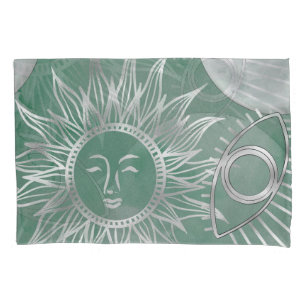 Solar Mystique   Dusty Green Silver Moon Stars Sun Kissenbezug