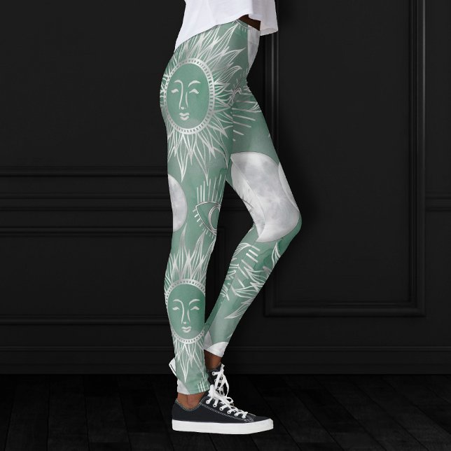 Solar Mystique | Dusty Green Silver Moon Stars Sun Leggings (Von Creator hochgeladen)