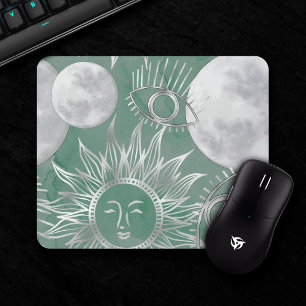 Solar Mystique Dusty Green Silver Moon Stars Sun Mousepad