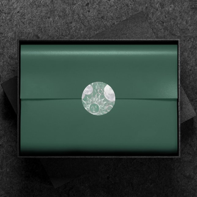 Solar Mystique | Dusty Green Silver Moon Stars Sun Runder Aufkleber (Von Creator hochgeladen)