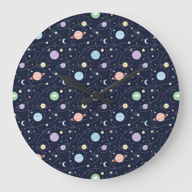 Solar System Planets Seamless Pattern Große Wanduhr (Vorderseite)