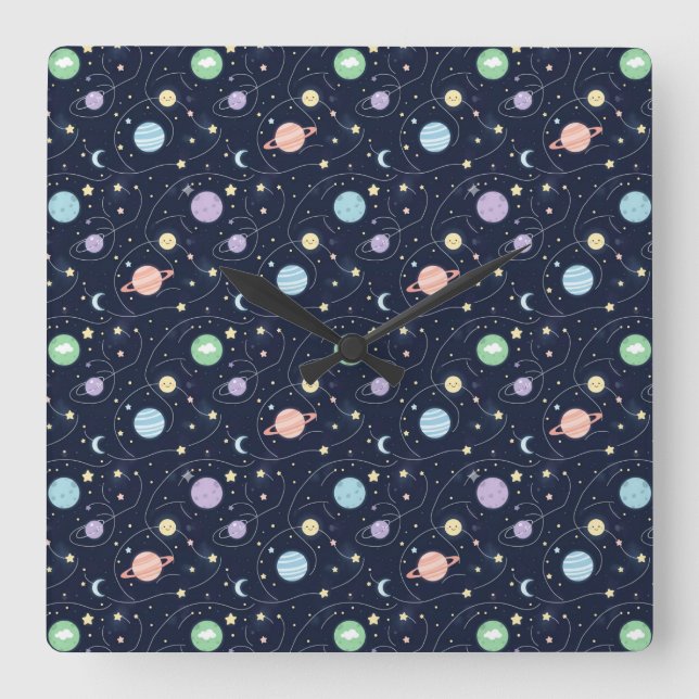 Solar System Planets Seamless Pattern Quadratische Wanduhr (Vorderseite)