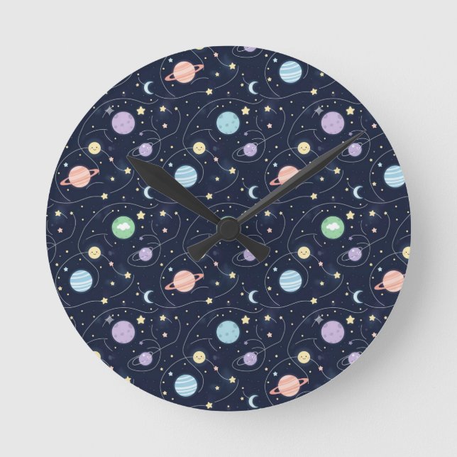 Solar System Planets Seamless Pattern Runde Wanduhr (Vorderseite)