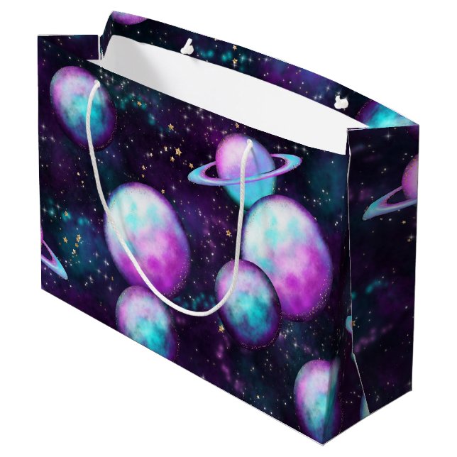 Solarleuchte | Cosmic Blue Lila Pink Planet Große Geschenktüte (Rückseite Schrägansicht)