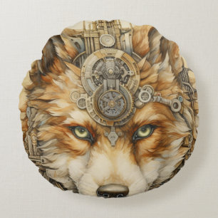 Solarpunk Roter Wolf Steampunk-Inspiration Rundes Kissen
