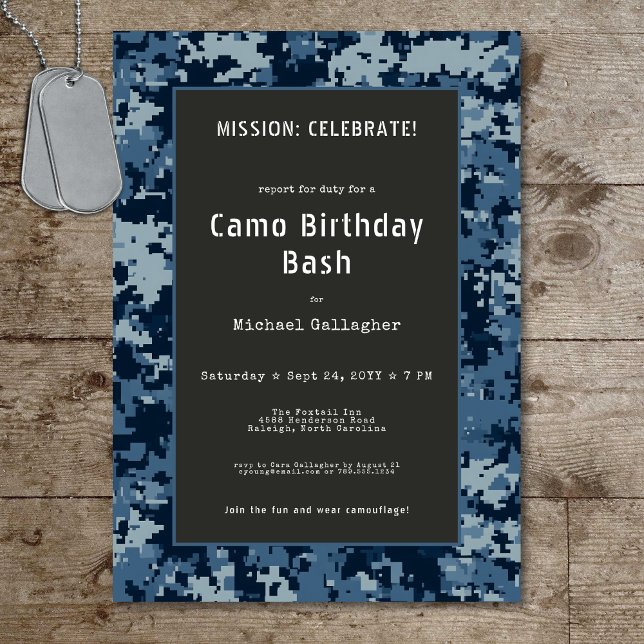 Soldat Blue Camouflage Birthday Einladung (Military Soldier Blue Camouflage Birthday Invitation)