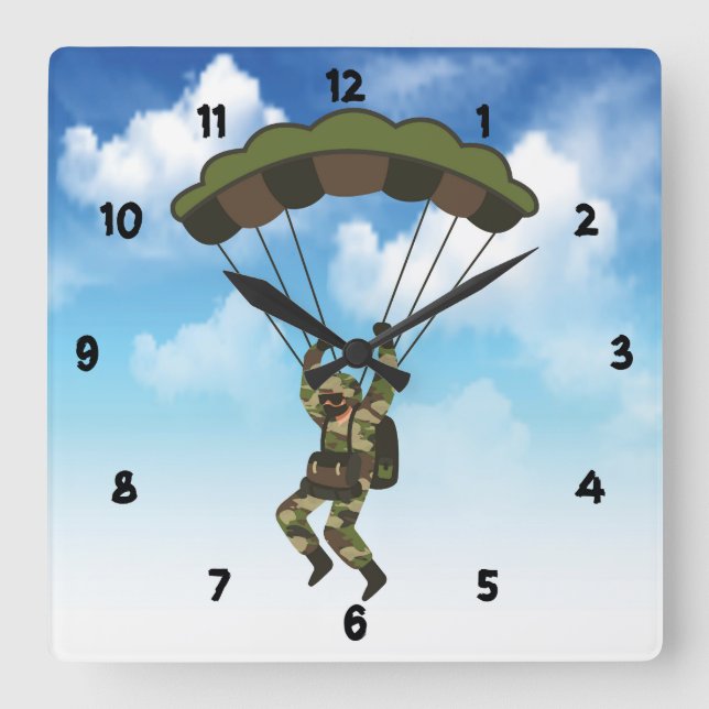 Soldat der Streitkräfte/Fallschirmjäger mit Wolken Quadratische Wanduhr (Vorderseite)