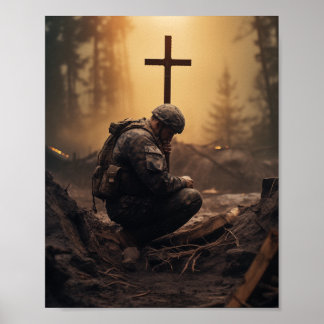 Soldat Gottes, der ein Holzkreuz hält Poster