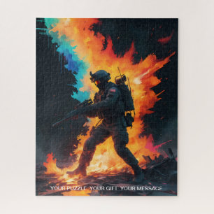 Soldat in den Flammen Stand inmitten des Inferno