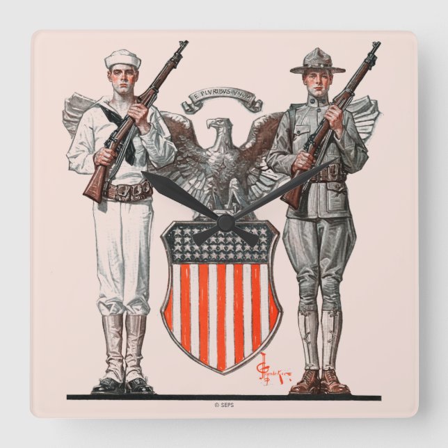 Soldat, Seeleute und US-Schild Quadratische Wanduhr (Vorderseite)