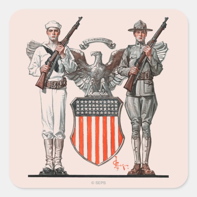 Soldat, Seeleute und US-Schild Quadratischer Aufkleber (Vorderseite)