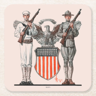 Soldat, Seemann und US-Schild Rechteckiger Pappuntersetzer