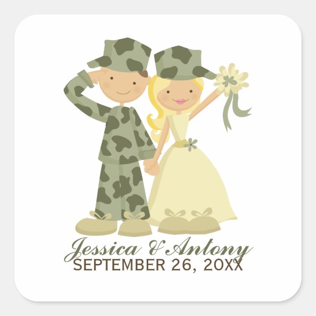 Soldat und Braut Hochzeitskleber Quadratischer Aufkleber (Vorderseite)