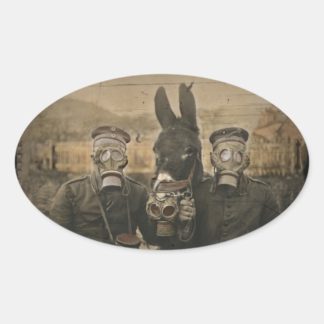 Soldaten, Donkey und Gasmasken Ovaler Aufkleber (Vorderseite)