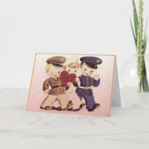 Soldier Boys Valentine Bonjour Carte Vintage