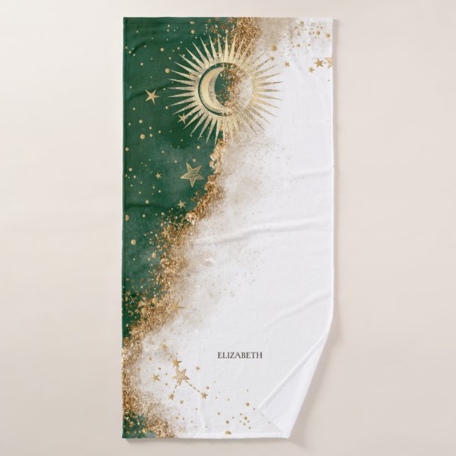 Soleil Or Céleste Et Étoiles Lune Vert (Serviette de bain)