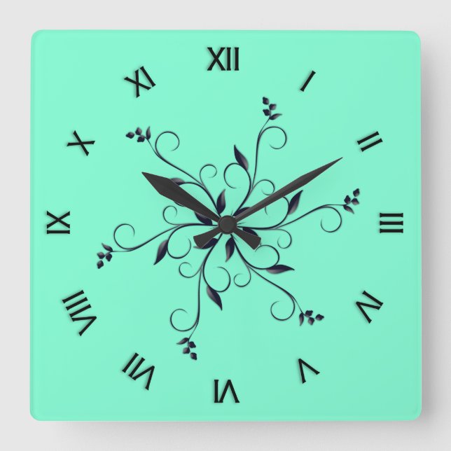 Solid Aquamarine mit römischen Zahlen Quadratische Wanduhr (Vorderseite)