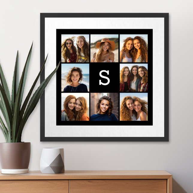 Solid Black Foto Collage Custom Monogram Poster (Personalized Wall Art with a Photo Collage)