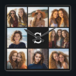 Solid Black Foto Collage Custom Monogram Quadratische Wanduhr<br><div class="desc">Fügen Sie 8 Fotos und benutzerdefinierten Text zu einem einzigartigen Sake für Ihre Wand. Die Kunst enthält 8 Bilder,  die ein Textfeld umgeben,  in dem Sie ein Monogramm oder einen anderen Text hinzufügen können.</div>