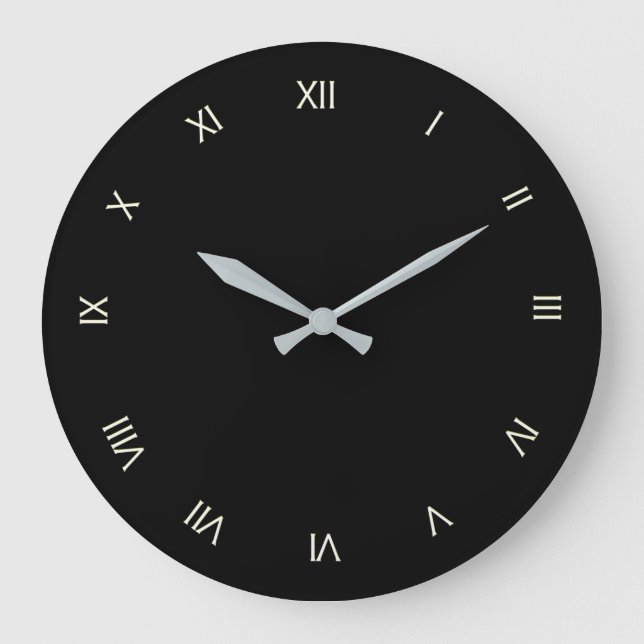 Solid Black White Roman Numerals Große Wanduhr (Vorderseite)