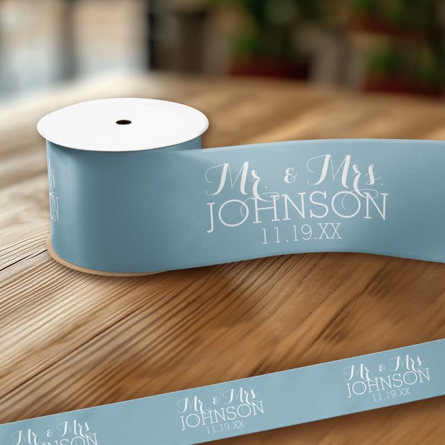 Solid Color Robin Egg Blue Mr. & Mrs. Gastgeschenk Satinband (Custom Wedding and Anniversary Ribbon)