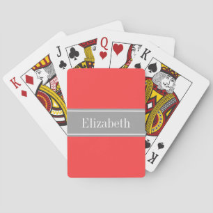 Solid Coral Red, Dunkelgrau-Ribbon-Monogramm Spielkarten