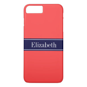Solid Coral Red, Navy Blue Ribbon Name Monogram title_seo2