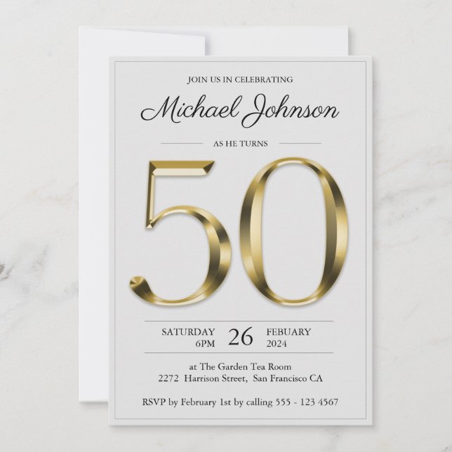 Solid Gold 50th Birthday Light Gray Elegantes Part Einladung (Vorderseite)