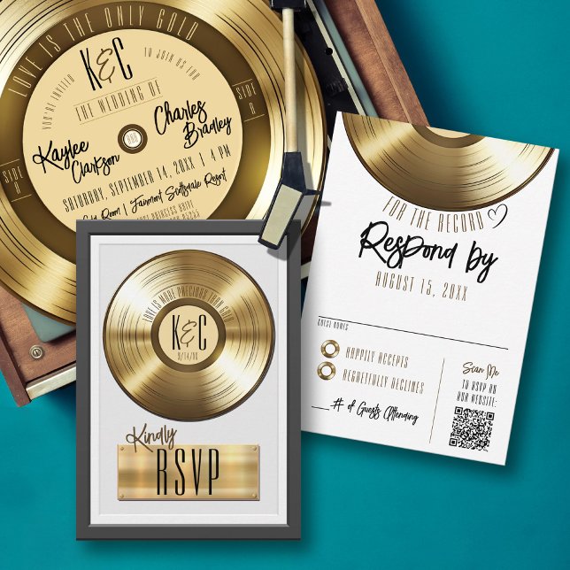 Solid Gold Vinyl Record Plaque Wedding Einladung U (Solid gold record plaque award style music theme wedding invitation RSVP card, monogram, qr code)