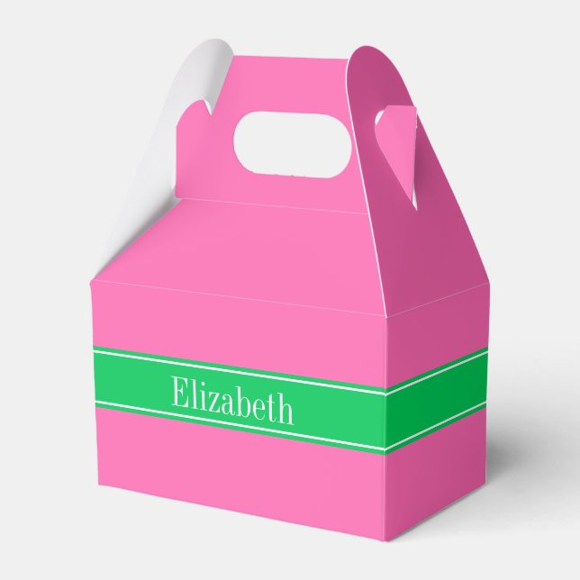 Solid Hot Pink #2 Emerald Green Rbn Name Monogram Geschenkschachtel (Vorderseite)