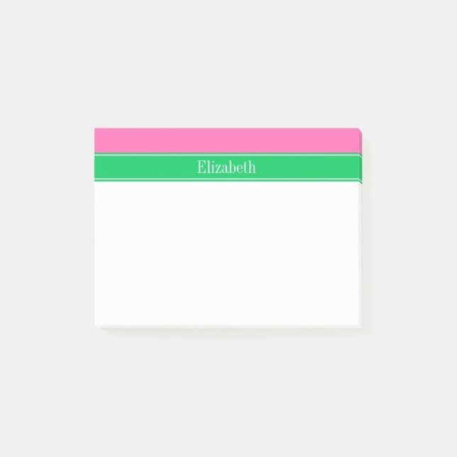 Solid Hot Pink #2 Emerald Green Rbn Name Monogram Post-it Klebezettel (Vorderseite)