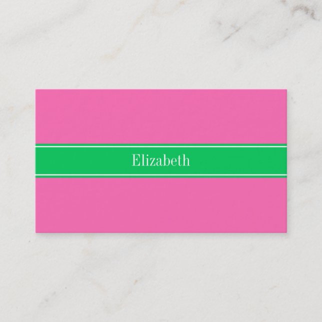 Solid Hot Pink #2 Emerald Green Rbn Name Monogram Visitenkarte (Vorderseite)
