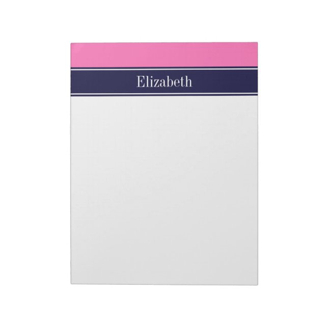 Solid Hot Pink #2, Navy Blue Ribbon Name Monogram Notizblock (Rotiert)